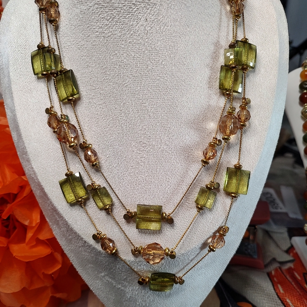 2 olive green strand station bead gold tone